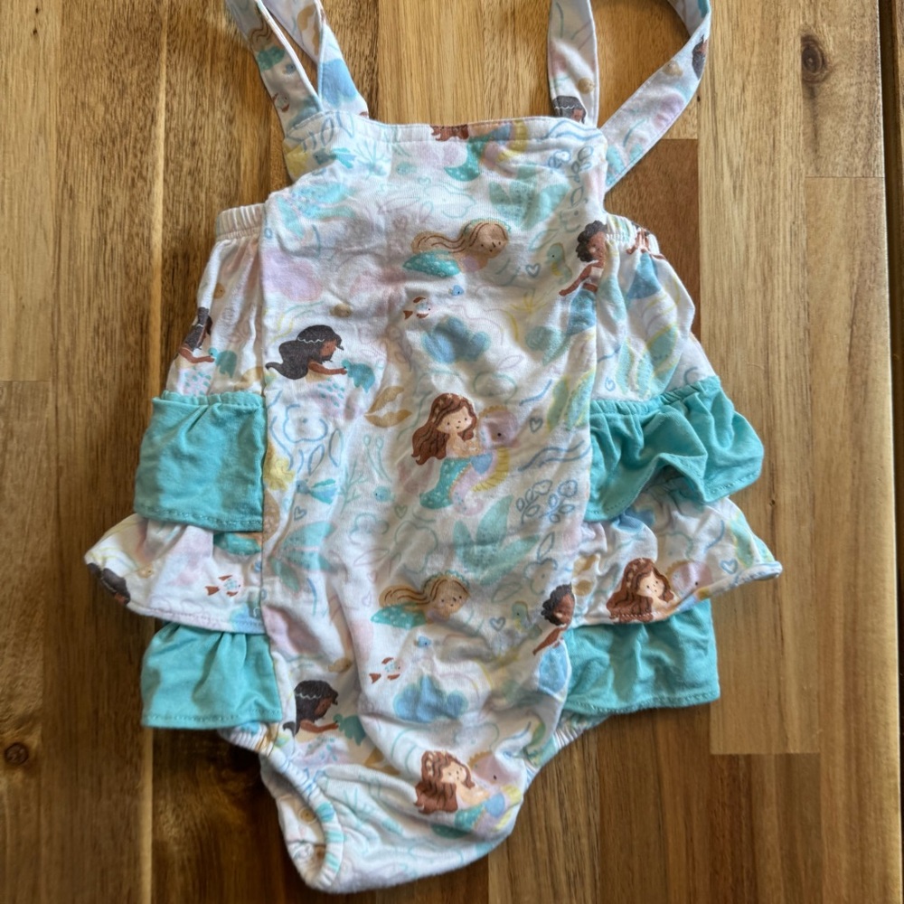 Angel Dear‎ Mermaid Bamboo Ruffle Romper Teal White 6-12M POADSS240126